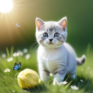 ((ultra realistic photo)), artistic sketch art, Make a little pencil sketch of a cute TINY BRITISH shorthaired CAT play with a ball of yarn  in the grass , art, textures, pure perfection, high definition, feather around, TINY DELICATE FLOWERS, ball of yarn, flower petals , Sun beam, butterfly, tiny cat toys, detailed calligraphy texts, tiny delicate drawings