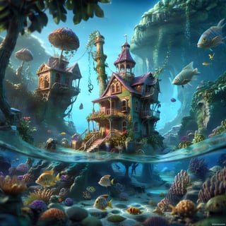 MAGICAL cute STORYBOOK tropical bay , shabby STYLE lovely house on the tropical bay ON THE book PAGE, summer, tropical fish in the water. Modifiers: highly detailed dof trending on cgsociety steampunk fantastic view ultra detailed 4K 3D whimsical Storybook beautifully lit etheral highly intricate stunning color depth disorderly outstanding cute illustration cuteaesthetic Boris Vallejo style shadow play The mood is Mysterious and Spellbinding, with a sense of otherworldliness otherwordliness macro photography style LEONARDO DIFFUSION XL STYLE vintage-boho