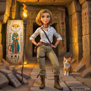 one tall skiny explorer woman in cargo pants khaki boots and white shirt, bob hair, lovely eyes,  exploring the Pharao's catacomb with a torch, anchient Egyptian colorful detailed paintings, runes on the wall, one cute cat with the explorer ,dripping paint