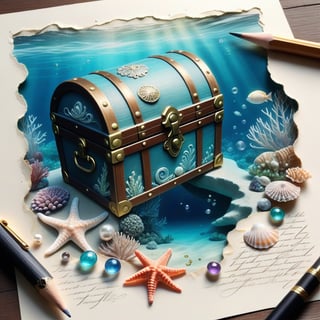 ((ultra realistic photo)), artistic sketch art, Make a little PASTELL pencil sketch of a MAGICAL LOVELY TREASURE CHEST on an old TORN EDGE paper UNDERWATER SEA BOTTOM , art, textures, pure perfection, high definition, TINY DELICATE SEA-SHELL, TINY STARFISH, PEARLS, DELICATE CORAL, TINY SILVER COIN, SEAWEED, GEMS, SHELL AROUND the paper, detailed calligraphy texts, TINY delicate drawings, tiny delicate signature,BookScenic,underwater,AtlantisWorld