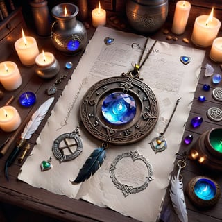 ((ultra ARTISTIC sketch)), (artistic sketch art), Make a 3d DETAILED old torn paper scroll on a scraped old desk (detailed celtic runes on the paper and silver feather pendant with moonstone ball) crystal, moonshine, silver coin, little moonstone gem , tiny candle, tiny potion jar, spiderweb, DISORDERED,