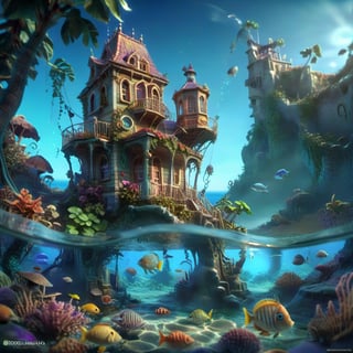 MAGICAL cute STORYBOOK tropical bay , shabby STYLE lovely house on the tropical bay ON THE book PAGE, summer, tropical fish in the water. Modifiers: highly detailed dof trending on cgsociety steampunk fantastic view ultra detailed 4K 3D whimsical Storybook beautifully lit etheral highly intricate stunning color depth disorderly outstanding cute illustration cuteaesthetic Boris Vallejo style shadow play The mood is Mysterious and Spellbinding, with a sense of otherworldliness otherwordliness macro photography style LEONARDO DIFFUSION XL STYLE vintage-boho