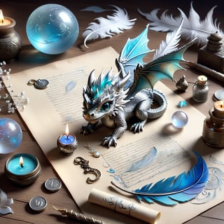 ((ultra ARTISTIC sketch)), (artistic sketch art), Make a 3d DETAILED old torn paper scroll on a scraped old desk (detailed calligraphic texts on the paper,tiny miniature cute baby dragon sitting on the paper, and silver feather pendant with opal ball) crystal, silver coin, little moonstone gem , tiny candle, tiny potion jar,, delicate flowers, DISORDERED,