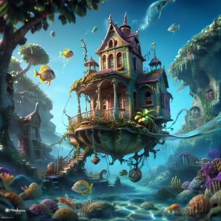 MAGICAL cute STORYBOOK tropical bay , shabby STYLE lovely house on the tropical bay ON THE book PAGE, summer, tropical fish in the water. Modifiers: highly detailed dof trending on cgsociety steampunk fantastic view ultra detailed 4K 3D whimsical Storybook beautifully lit etheral highly intricate stunning color depth disorderly outstanding cute illustration cuteaesthetic Boris Vallejo style shadow play The mood is Mysterious and Spellbinding, with a sense of otherworldliness otherwordliness macro photography style LEONARDO DIFFUSION XL STYLE vintage-boho,stopmotion