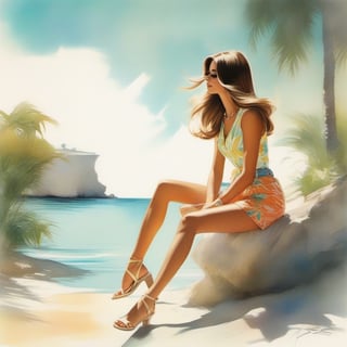 young girl , lazy long hair style, long legs, tropical lagoon spring sunny bay (full body shot, '60s hippi style pastell outfit, loose baggy jeans). Modifiers:modern colorful illustration style VINTAGE fashion illustration, by Coby Whitmore, Haddon Sundblom. VINTAGE 1960s hippie fashion illustration, whimsical style, intricately textured and detailed, Pomological Watercolor, depth of field, ultra quality ,ink art, transparent fading , shadow play, high colour contrast, AirBrush style,ink,DonMW45h3d0u7XL,style,smoke,DonMN0c7urn4l1nkXL,mdsktch sketch of,(Pencil_Sketch:1.2