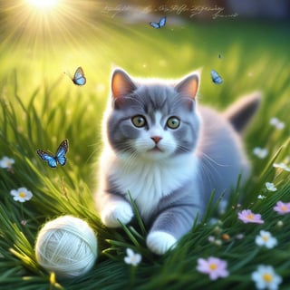 ((ultra realistic photo)), artistic sketch art, Make a little pencil sketch of a cute TINY BRITISH shorthaired CAT play with a ball of yarn  in the grass , art, textures, pure perfection, high definition, feather around, TINY DELICATE FLOWERS, ball of yarn, flower petals , Sun beam, butterfly, tiny cat toys, detailed calligraphy texts, tiny delicate drawings,LegendDarkFantasy