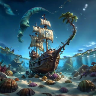 POV angle water worm's-eye view, MAGICAL cute STORYBOOK tropical bay , shabby STYLE lovely sailing ship on the beach, view on the tropical bay , summer, semi underwater view, pirate treasures underwater.  Modifiers: highly detailed dof trending on cgsociety steampunk fantastic view ultra detailed 4K 3D whimsical Storybook beautifully lit etheral highly intricate stunning color depth disorderly outstanding cute illustration cuteaesthetic Boris Vallejo style shadow play The mood is Mysterious and Spellbinding, with a sense of otherworldliness  otherwordliness macro photography style LEONARDO DIFFUSION XL STYLE 