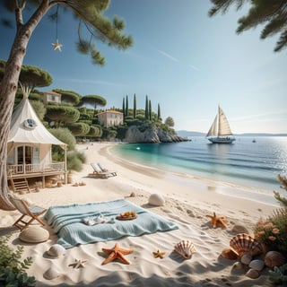 A serene NIzza beach scene unfolds before us. Little apartman house with terrace. Soft white sand stretches beneath the gentle sway of trees, while a family plays and laughs together and sunbathe. In the distance, a majestic sailing ship glides across the calm sea, its sails billowing in the breeze. Blankets scatter the shore, topped with tiny treasures: delicate sea-shells and starfish. The highly detailed landscape, reminiscent of Jean-Jacques Sempé's whimsical illustrations from Petit Nicolas, comes to life in PASTEL SHADES.