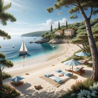 A serene NIzza beach scene unfolds before us. Little apartman house with terrace. Soft white sand stretches beneath the gentle sway of trees, while a family plays and laughs together and sunbathe. In the distance, a majestic sailing ship glides across the calm sea, its sails billowing in the breeze. Blankets scatter the shore, topped with tiny treasures: delicate sea-shells and starfish. The highly detailed landscape, reminiscent of Jean-Jacques Sempé's whimsical illustrations from Petit Nicolas, comes to life in PASTEL SHADES.