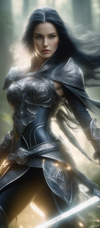 Generate hyper realistic image of intricate details of a stunning 30 years old woman,l full body shot, front view, young witch, Her long black hair flows in a braid down on a side, Master piece, high detail, close-up creation of a woman in a warrior outfit covering her chest and her legs holding a sword in a dark gloomy forest, woman, 4k fantasy art, epic fantasy digital art style, intrinsically detailed digital art, high quality fantasy art, detailed art illustration, fantasy art, oil painting