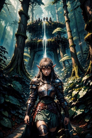 half_elf, young, lone_ranger, orange eyes, brown hair, naofumi iwatami, scale armor, forest background, ready to fight, dynamic_pose, dungeons and dragons, (medium long shot), high quality, Magic Forest,nodf_lora