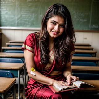 beautiful cute young teenage girl, 18 years old,teaching in schhol, long black_hair, colorful hair, warm, dacing , like teacher, indian school teacher, Real Indian Girl, in school, hold a book in hand, wore indian dress, teaching in class
