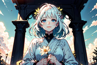 1girl,goddess of light,bright white hair like sunlight,sky blue eyes,holding a spring flower,smile of peace,soft glowing light,peaceful,ethereal,cinematic lighting,dramatic lighting,dramatic pose,serene,beautiful,elegant,stunning,intricate details,masterpiece,(best quality,8k,highres,ultra-detailed,extremely-detailed:1.2),vibrant colors,soft lighting,natural lighting,natural setting,outdoor scene,spring landscape,detailed background