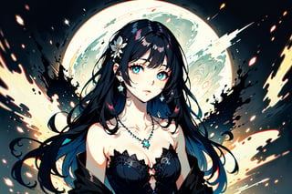 masterpiece, ultra detailed, a girl who represents the essence of the night. mysterious and ethereal aura. Her long, wavy hair is a deep black, adorned with bright stars and constellations. Her eyes are like the full moon, reflecting a soft, silvery light. Her skin is pale, almost translucent, with a faint sheen. She wears a long, flowing dress that seems made of darkness itself, with intricate details reminiscent of the Milky Way and nebulae. Her accessories include a necklace with a small crescent-shaped pendant and bracelets that appear to be made of star fragments. Around her, there is a feeling of calm and serenity, like an endless starry night.