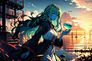 masterpiece, best quality, aethetic, vibrant sunsets, 1 girl, water in hands, water spheres, long hair, aqua green hair, monster girl, colored skin, blue skin, blue eyes, long blue dress