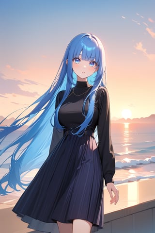 (long long shot), masterpiece, ultra detailed, 1girl, violet eyes, almond eyes, double eyelids, long eyelashes, sky blue hair, long straight hair with straight bangs, multi-color casual dress