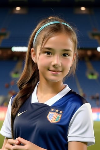 female soccer player, 14 years old, ((beautiful, innocent, cute, graceful)) playing football, in the stadium, Dutch women's soccer team,