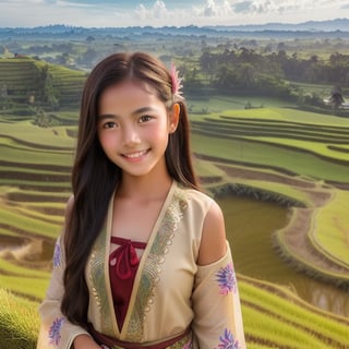 (((masterpiece, real, best quality, genuine, alive, natural))) teenage girl, ((12 years old)) long black hair, ((loose hair)) ((tan skin)) playing in the middle of the rice field, ((wearing Balinese clothing)), (((Balinese clothing))) cheerful, happy, smiling,