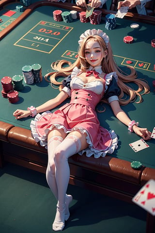 (masterpiece, best quality, ultra-detailed), slim body, ((1girl)), Casino Background, laying on table, from above, ,Maid uniform, frilled skirt, tulle, soft flowy fabric, ribbons, soft lighting, pink, long socks,glowwave