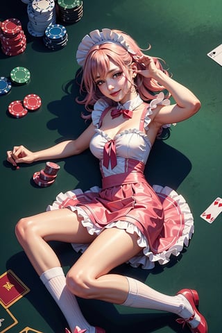 (masterpiece, best quality, ultra-detailed), slim body, ((1girl)), Casino Background, laying on table, from above, ,Maid uniform, frilled skirt, tulle, soft flowy fabric, ribbons, soft lighting, pink, long socks,glowwave