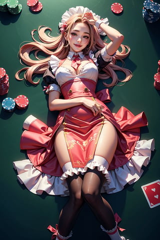 (masterpiece, best quality, ultra-detailed), slim body, ((1girl)), Casino Background, laying on table, from above, ,Maid uniform, frilled skirt, tulle, soft flowy fabric, ribbons, soft lighting, pink, long socks,glowwave