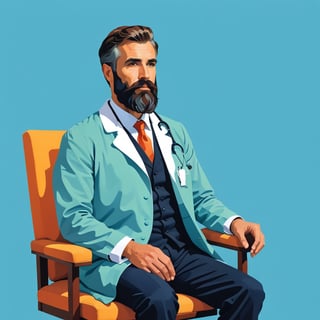 vector art, flat design, ( A compassionate, bearded doctor, sitting in a chair, with a gentle, concerned expression, set against a soft, blue background), character-focused, vibrant composition, accurate form, correct proportions, hand-drawn, playful minimalism, stylized simplicity, (dynamic negative space), geometric elegance, fluid forms, bold colors, strong shapes, striking contrast, iconic silhouette, oil painting, brush strokes, mixed media, graphic storytelling, visual metaphors, conceptual, aesthetic, balanced, refined,AiArtV