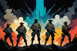 vector art, flat design, (A dramatic, dynamic depiction of a group of militiamen, set against a dark, mysterious background, with bold, contrasting light and shadow), character-focused, vibrant composition, accurate form, correct proportions, hand-drawn, playful minimalism, stylized simplicity, (dynamic negative space), geometric elegance, fluid forms, bold colors, strong shapes, striking contrast, iconic silhouette, oil painting, brush strokes, mixed media, graphic storytelling, visual metaphors, conceptual, aesthetic, balanced, refined,more detail XL,txznf,anime,comic book,3D