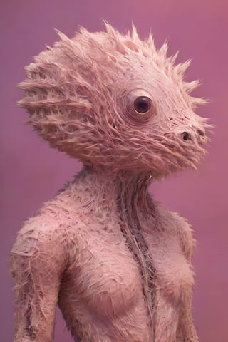 A highly detailed, surrealistic illustration of a humanoid figure with intricate, organic, and spiky appendages. The figure should have a textured, almost reptilian skin pattern and be adorned with elaborate, geometric structures that flow around the body. The overall color scheme should be minimalistic, predominantly featuring shades of pink and grey. The background should be simple and neutral to highlight the complexity and artistic nature of the figure. The entire composition should evoke a sense of otherworldly elegance and abstract beauty.