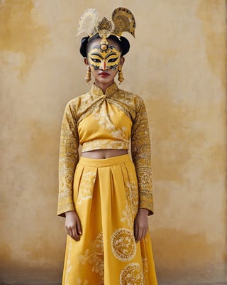 large format photo of a girl with wayang golek mask, (wearing yellow batik) with minimalism style, full body, hard light, (candid, : 1.2), Aaton LTR with a 50mm lens, in style of Martin Schoeller