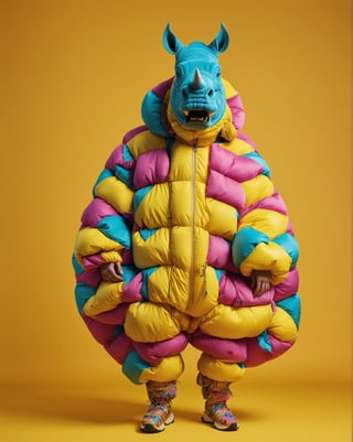 large format photo of a head rhino person, wearing psychedelic puffer and short pants, full body, yellow studio background, hard light, (eye level : 1.2), Aaton LTR with a 50mm lens, in style of Martin Schoeller