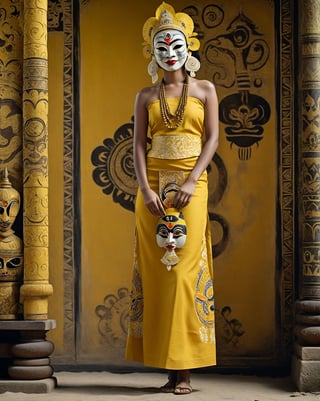 large format photo of a girl with wayang golek mask, (wearing yellow batik) with minimalism style, full body, hard light, (candid, : 1.2), Aaton LTR with a 50mm lens, in style of Martin Schoeller