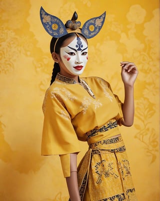 large format photo of a girl with wayang mask without nose, (wearing batik) with minimalism style, full body, yellow minimalism background, hard light, (candid, : 1.2), Aaton LTR with a 50mm lens, in style of Martin Schoeller