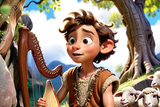 A 12 years old boy with perfet eyes, nose, mouth and face, wearing cave man dress, joyfully playing harp to his sheeps , sitting under a tree looking into the sky in a rocky forest Disney pixar style