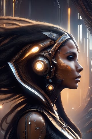 a brown  black and white tribal face with dots on it, in the style of futuristic space elements glamour, animated gifs, stefan gesell, algorithmic artistry, android jones, tim hildebrandt, pop art with a dark side consumer culture blade runner dune Hr Giger,style,DonMW15pXL