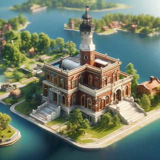 8k, RAW photos, top quality, masterpiece: 1.3),
The island of Ellis Island, surrounded by water
, miniature, landscape, depth of field, ladder,  from above, English text,architecture, tree, potted plants, isometric style, simple background, white background,3d isometric,steampunk style,ff14bg,DonMSt33lM4g1cXL