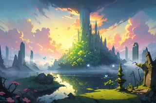 A masterwork of whimsical wonder: a pastel-hued landscape wide view of a deep, thick forest, where dappled sunlight filters through leaves, casting godrays on the misty terrain. A serene lake glimmers in the distance, surrounded by ruins overgrown with vines, moss, and crystals. Amidst this enchanting setting, butterflies flutter amidst fireflies, while flowers bloom beneath the warm, volumetric lighting of a dramatic sunset sky, where puffy clouds drift lazily across the horizon.,Flat