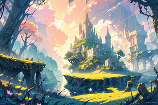 A masterwork of whimsical wonder: a pastel-hued landscape wide view of a deep, thick forest, where dappled sunlight filters through leaves, casting godrays on the misty terrain. A serene lake glimmers in the distance, surrounded by ruins overgrown with vines, moss, and crystals. Amidst this enchanting setting, butterflies flutter amidst fireflies, while flowers bloom beneath the warm, volumetric lighting of a dramatic sunset sky, where puffy clouds drift lazily across the horizon.,Flat,simple,pastel