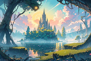 A masterwork of whimsical wonder: a pastel-hued landscape wide view of a deep, thick forest, where dappled sunlight filters through leaves, casting godrays on the misty terrain. A serene lake glimmers in the distance, surrounded by ruins overgrown with vines, moss, and crystals. Amidst this enchanting setting, butterflies flutter amidst fireflies, while flowers bloom beneath the warm, volumetric lighting of a dramatic sunset sky, where puffy clouds drift lazily across the horizon.,Flat,simple,pastel