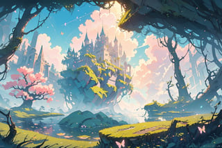 A masterwork of whimsical wonder: a pastel-hued landscape wide view of a deep, thick forest, where dappled sunlight filters through leaves, casting godrays on the misty terrain. A serene lake glimmers in the distance, surrounded by ruins overgrown with vines, moss, and crystals. Amidst this enchanting setting, butterflies flutter amidst fireflies, while flowers bloom beneath the warm, volumetric lighting of a dramatic sunset sky, where puffy clouds drift lazily across the horizon.,Flat,simple,pastel