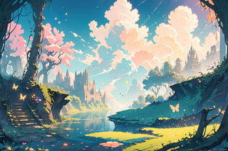 A masterwork of whimsical wonder: a pastel-hued landscape wide view of a deep, thick forest, where dappled sunlight filters through leaves, casting godrays on the misty terrain. A serene lake glimmers in the distance, surrounded by ruins overgrown with vines, moss, and crystals. Amidst this enchanting setting, butterflies flutter amidst fireflies, while flowers bloom beneath the warm, volumetric lighting of a dramatic sunset sky, where puffy clouds drift lazily across the horizon.,Flat,simple,pastel