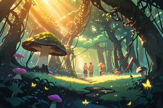 pastel colour, deep thick forest, lake, whimsical, masterwork, detailed, landscape wide far view, dramatic lighting, dappled sunlight, godrays through leaves, puffy clouds, mist, depth of field, volumetric lighting, enchanting, warm lighting, beautiful, amazing, magic, crystals, mushrooms, butterflies, fireflies, flowers, vines, moss, ruins