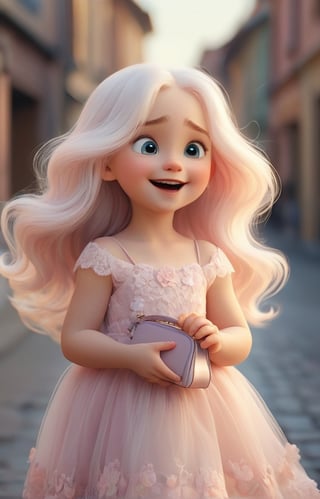cheerful and cute European Pixar baby with long beautiful white hair walks down the street in a tulle light pink lace dress, holding a handbag, a necklace on her neck, she laughs, cute childish cartoon style in Pixar style, delicate shades of pastel colors