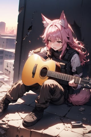 Maximum high resolution
military wolf girl, wolf ears, pink hair, closet eyes, crying, combat shirt, tactical vest, tactical pants, wolf tail, tactical boots, play guitar, sitting on destroyed balcony, dropped shadow, destroyed balcony whit sunset view background, highly detailed, perfect hands, high quality, best quality