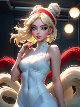 ((high resolution)), 1 blonde girl, 21 years old, Headband, perfect face, blue eyes, makeup, perfect lips, (with platinum blonde hair with red extensions, two tails, with a bun), standing, ((clothes pink and white interior), light and tights, beautifully decorated, perfect body, cinematic lighting,