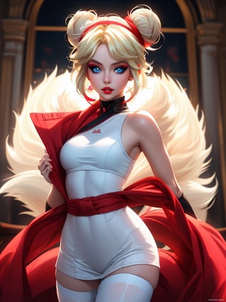 ((high resolution)), 1 blonde girl, 21 years old, Headband, perfect face, blue eyes, makeup, perfect lips, (with platinum blonde hair with red extensions, two tails, with a bun), standing, ((clothes pink and white interior), light and tights, beautifully decorated, perfect body, cinematic lighting,