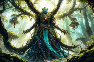 Deep within the ancient forest, a primordial spirit awakens, its consciousness intertwined with the very essence of nature itself. It describes his journey as he emerges from the ancient tree's embrace, his form adorned with the living vines and vibrant foliage of the forest kingdom,Fantasy,Fantasy style