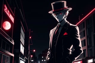 solo, smile, red eyes, 1boy, hat, white hair, male focus, outdoors, necktie, night, formal, suit, red necktie, night sky, top hat, city, hands in pockets,nyantcha style, white suit, red moon, cyberpunk