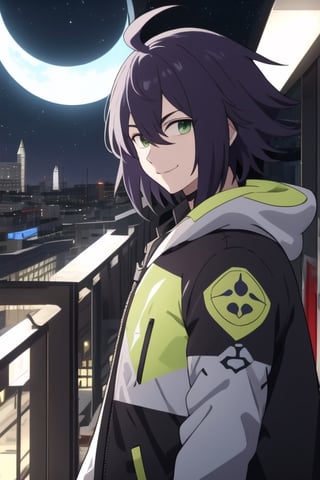 solo, looking at viewer, smile, bangs, 1boy, hair between eyes, closed mouth, green eyes, jacket, upper body, purple hair, ahoge, male focus, outdoors, sky, virtual youtuber, from side, black jacket, night, moon, building, night sky, high collar, city,cool,nyantcha style,suishinshi,Arlan,Yomi,Billy_Wise,cyberpunk,FaytLinegod_SO3,Hilbert (pokemon),SabrithEbonclawManityro,futureaodai,baltimore