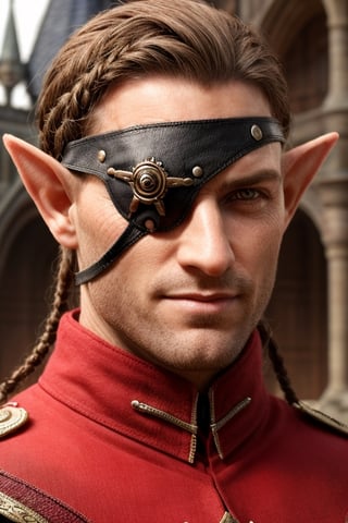 score_7_up, Realistic full photo, (full body), male elf, elven features, 40 yers old male elf, ((facial stubble)), toned, perfect eyes, sunkissed skin, ((eyepatch covering her left eye)), brown and red hair tied back with braids, discret smile, dynamic, wearing golden and red noble outfit, background castle hall, highly detailed, pose, photorealistic, sharp focus, Fantasy, eyepatch, Masterpiece