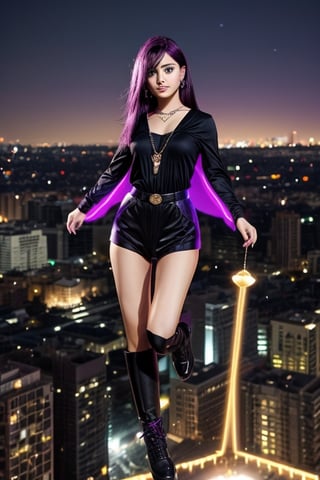 score_7_up, Realistic full photo, full body, Black haired woman, pink hair tones, purple hair tones, long hair, 18 years old, beautiful, makeup, elegant, neckless, earing, backgroud night city with lights, superhero outfit, sunglasses, levitating, ((levitating above ground)), pose, photorealistic,Tzuyu, 